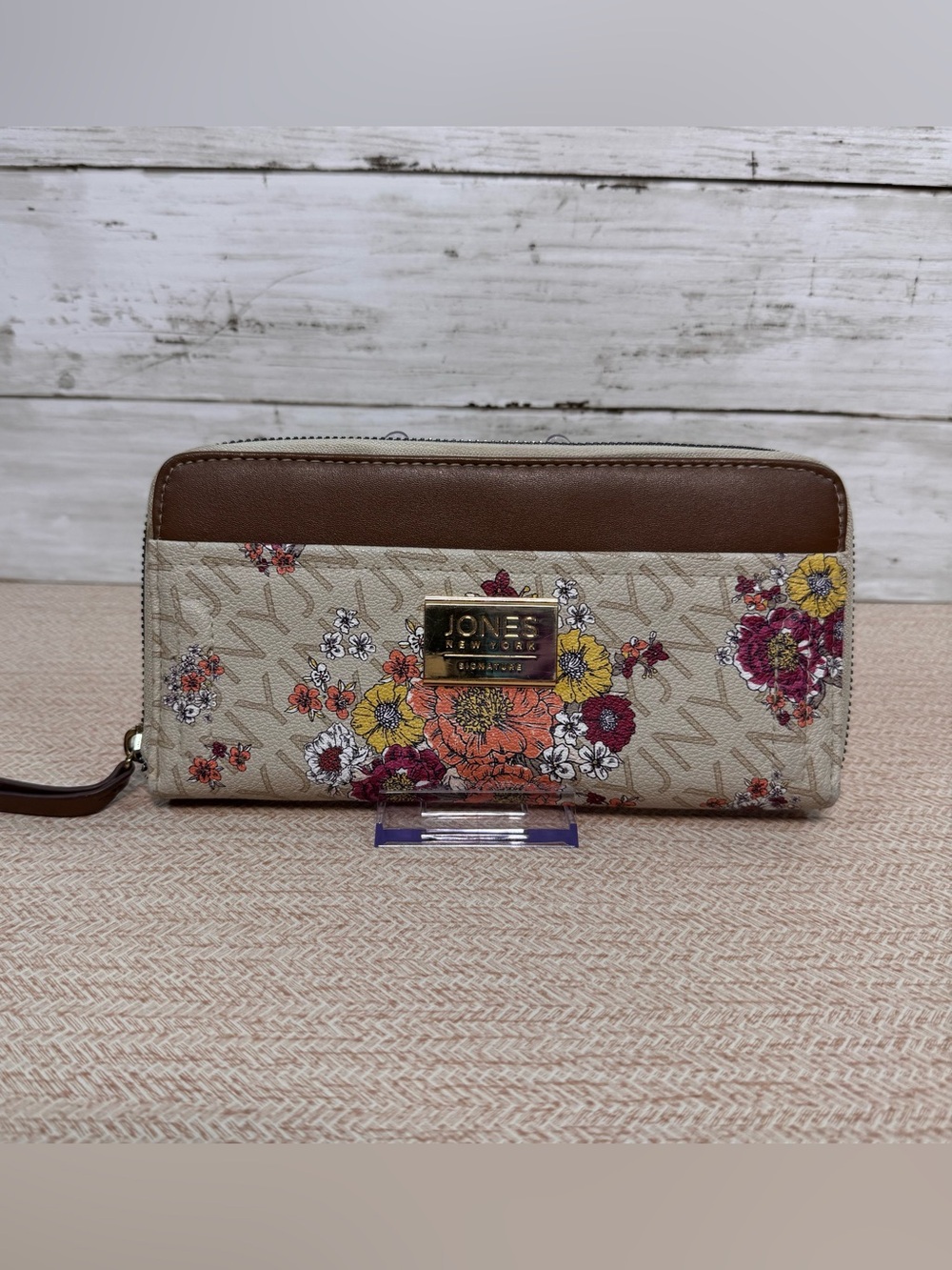 Jones New York Floral Zip-Around Wallet Quilted Cream Brown
